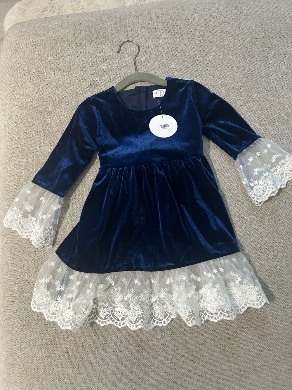Abby & Evie Navy Velvet Lace-Trim Girls Dress